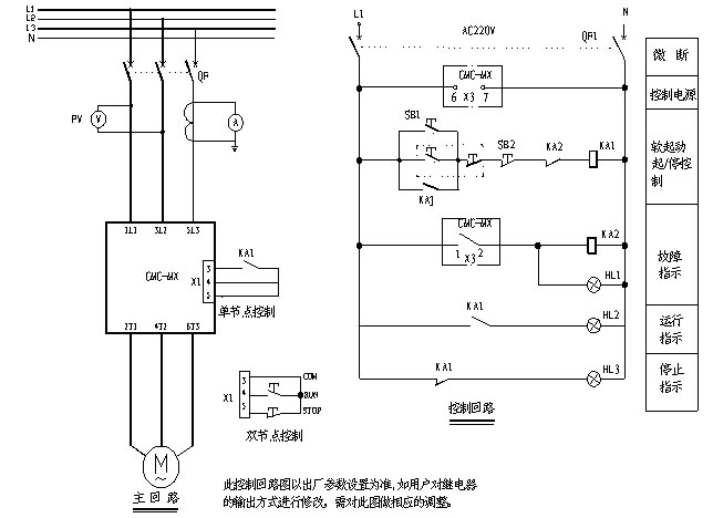 CMC-MX內(nèi)置旁路軟起動器基本接線原理圖、三角形內(nèi)接連接圖和典型應(yīng)用接線圖(圖3)